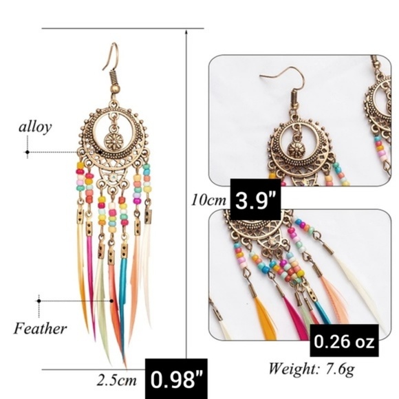 Rainbow Hippie Boho Dream Catcher Feather Earrings - Picture 4 of 5